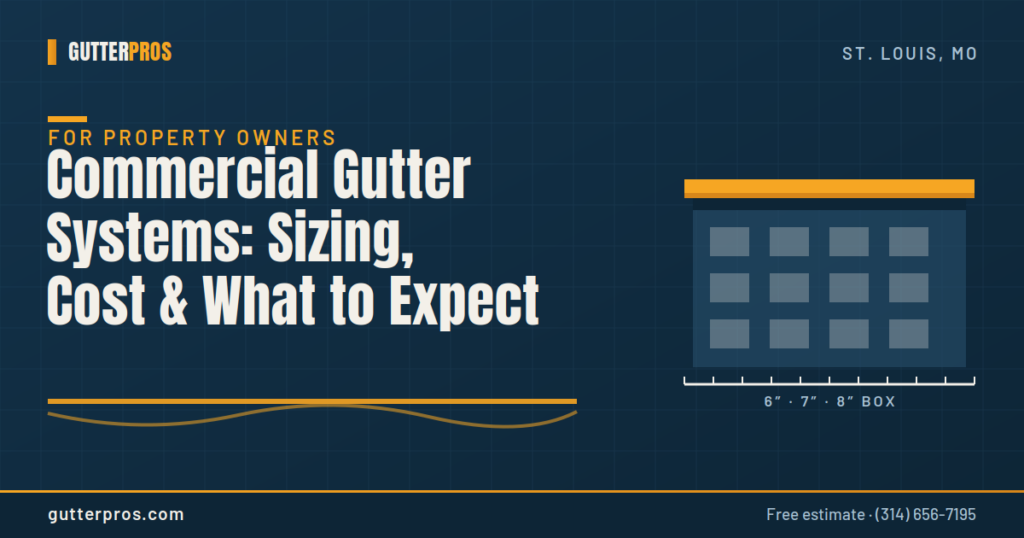 Illustration of a commercial building with a box gutter and a sizing ruler showing 6, 7, and 8 inch options for commercial gutter systems.