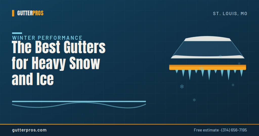 Illustration of a snow-covered roof with icicles hanging from a gutter, representing the best gutters for heavy snow and ice in St. Louis.
