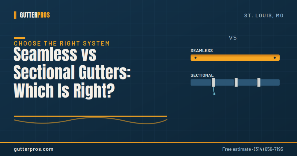 Diagram comparing a seamless gutter with no joints to a sectional gutter with multiple seams, one dripping, for a seamless versus sectional comparison.
